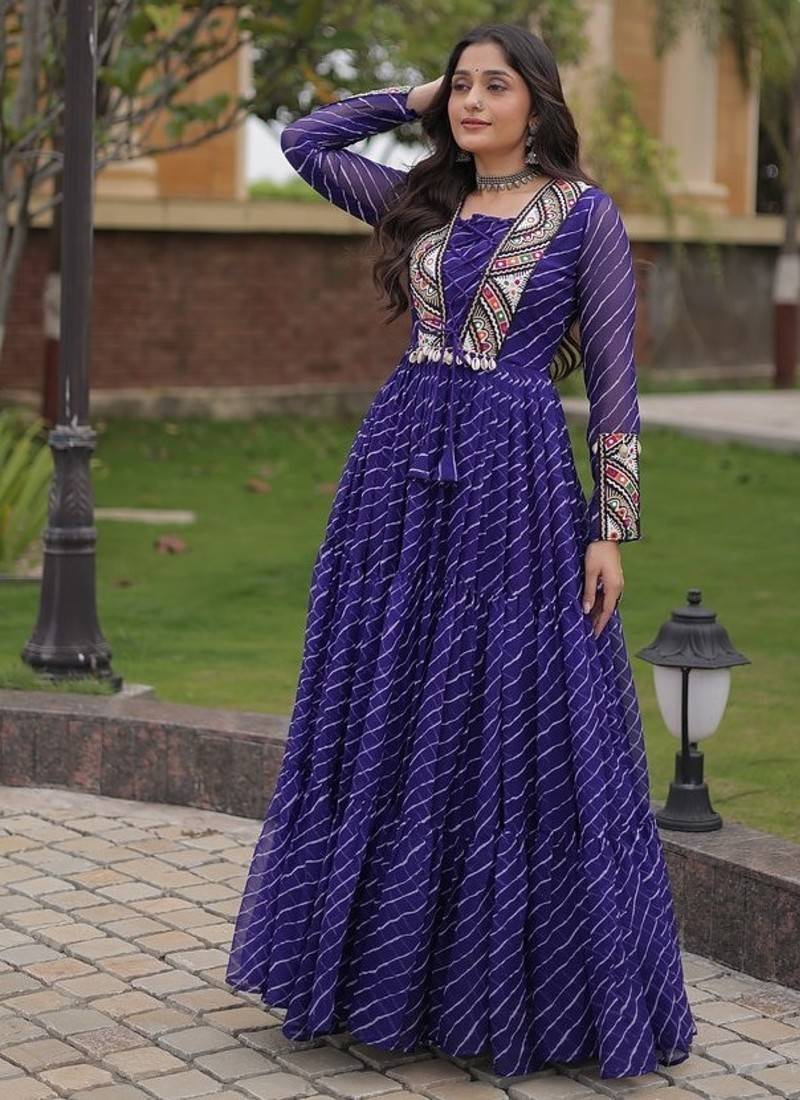 Purple printed faux georgette gown  - full stitched free size