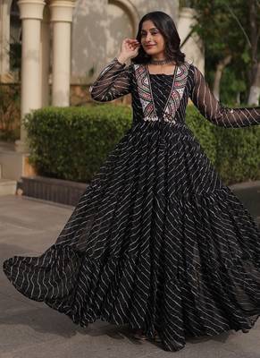 black printed faux georgette gown  - full stitched free size 5
