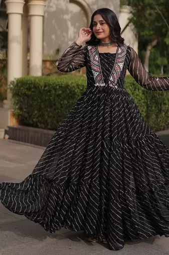 black printed faux georgette gown  - full stitched free size