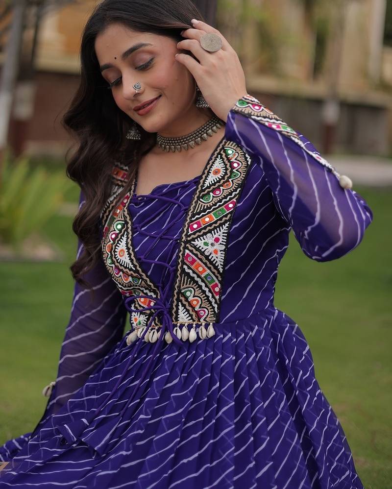 Purple printed faux georgette gown  - full stitched free size
