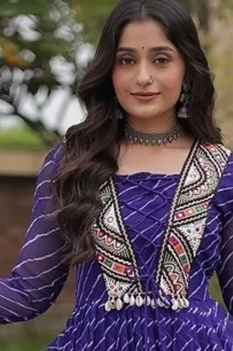Purple printed faux georgette gown  - full stitched free size