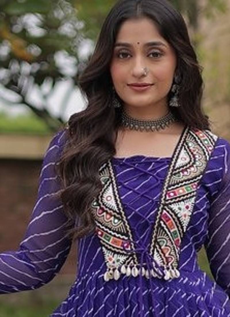 Purple printed faux georgette gown  - full stitched free size