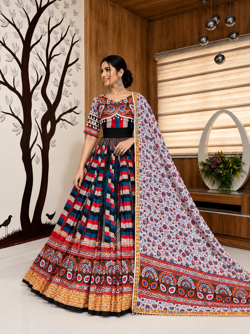 Muslin Cotton Lehenga Choli Set With Mirror Work And Sali Lace