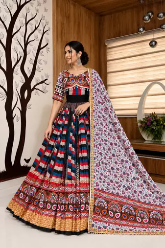 Muslin Cotton Lehenga Choli Set With Mirror Work And Sali Lace