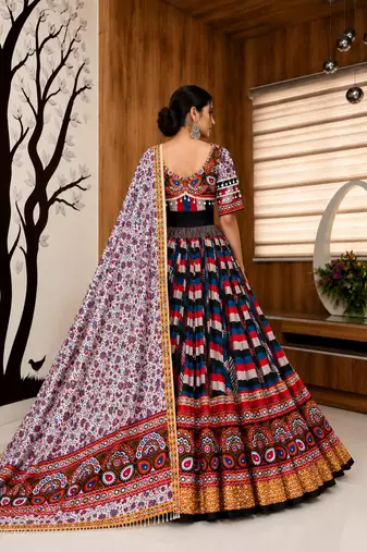 Muslin Cotton Lehenga Choli Set With Mirror Work And Sali Lace
