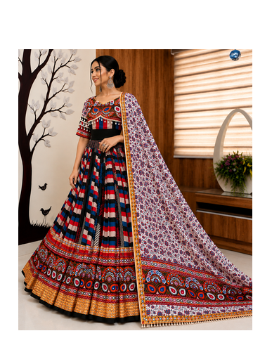 Muslin Cotton Lehenga Choli Set With Mirror Work And Sali Lace 3