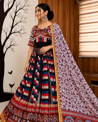 Muslin Cotton Lehenga Choli Set With Mirror Work And Sali Lace