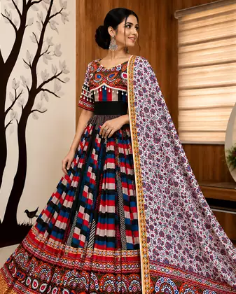 Muslin Cotton Lehenga Choli Set With Mirror Work And Sali Lace