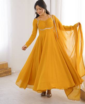 Women's Gorgeous Solid Fox Blooming Georgette Fabric Flared Anarkali and Dupatta Set 1