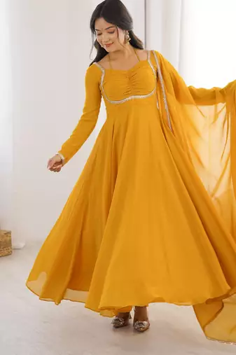 Women's Gorgeous Solid Fox Blooming Georgette Fabric Flared Anarkali and Dupatta Set