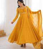 Women's Gorgeous Solid Fox Blooming Georgette Fabric Flared Anarkali and Dupatta Set