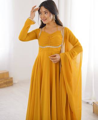 Women's Gorgeous Solid Fox Blooming Georgette Fabric Flared Anarkali and Dupatta Set 2