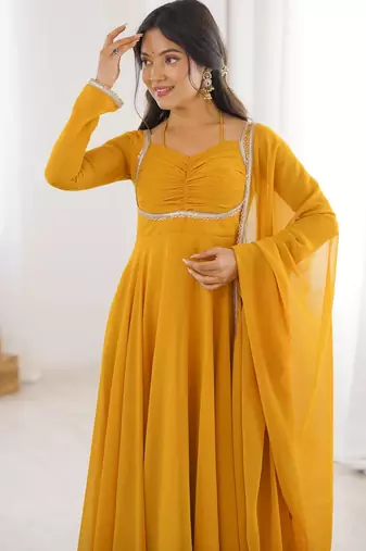 Women's Gorgeous Solid Fox Blooming Georgette Fabric Flared Anarkali and Dupatta Set
