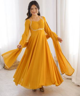 Women's Gorgeous Solid Fox Blooming Georgette Fabric Flared Anarkali and Dupatta Set 3