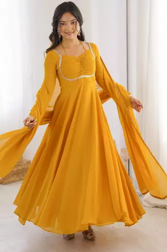 Women's Gorgeous Solid Fox Blooming Georgette Fabric Flared Anarkali and Dupatta Set
