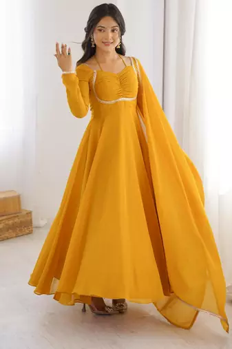 Women's Gorgeous Solid Fox Blooming Georgette Fabric Flared Anarkali and Dupatta Set