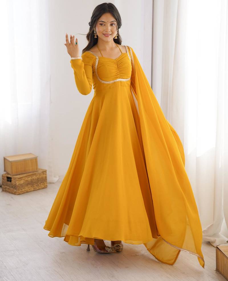 Women's Gorgeous Solid Fox Blooming Georgette Fabric Flared Anarkali and Dupatta Set