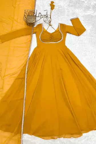 Women's Gorgeous Solid Fox Blooming Georgette Fabric Flared Anarkali and Dupatta Set