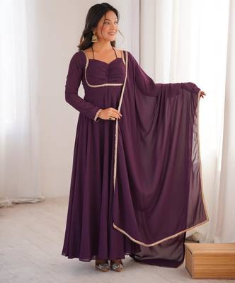 Women's Gorgeous Solid Fox Blooming Georgette Fabric Flared Anarkali and Dupatta Set 1