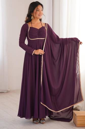 Women's Gorgeous Solid Fox Blooming Georgette Fabric Flared Anarkali and Dupatta Set