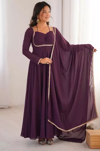 Women's Gorgeous Solid Fox Blooming Georgette Fabric Flared Anarkali and Dupatta Set