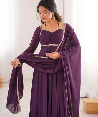 Women's Gorgeous Solid Fox Blooming Georgette Fabric Flared Anarkali and Dupatta Set 2