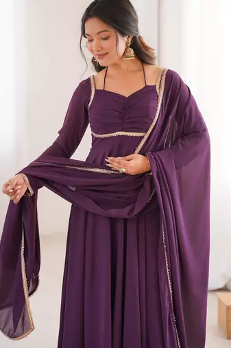 Women's Gorgeous Solid Fox Blooming Georgette Fabric Flared Anarkali and Dupatta Set