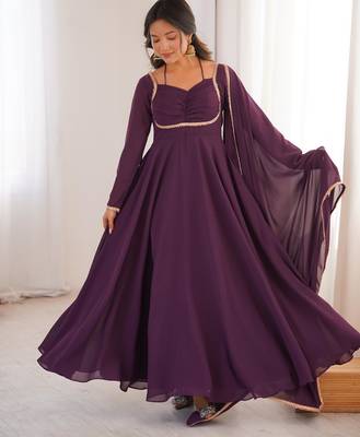 Women's Gorgeous Solid Fox Blooming Georgette Fabric Flared Anarkali and Dupatta Set 5