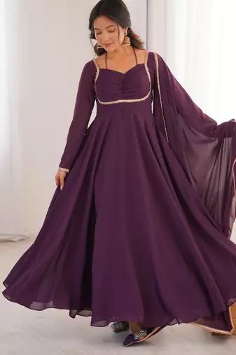 Women's Gorgeous Solid Fox Blooming Georgette Fabric Flared Anarkali and Dupatta Set