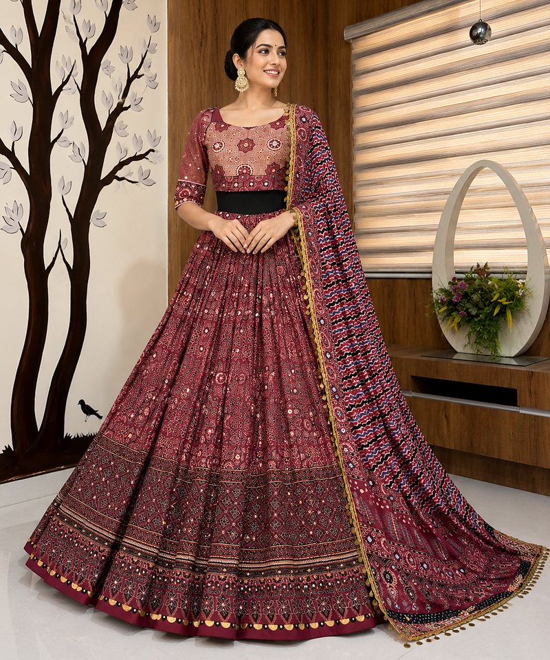 Muslin Cotton Lehenga Choli Set With Real Mirror Work And Coin Lace