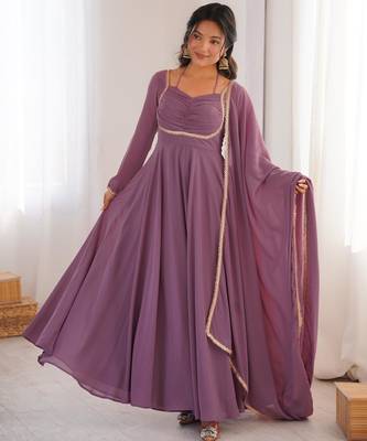 Women's Gorgeous Solid Fox Blooming Georgette Fabric Flared Anarkali and Dupatta Set 1