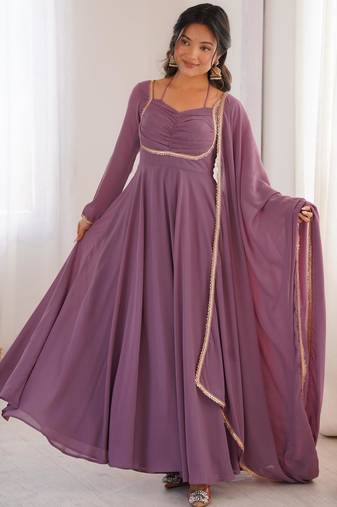 Women's Gorgeous Solid Fox Blooming Georgette Fabric Flared Anarkali and Dupatta Set