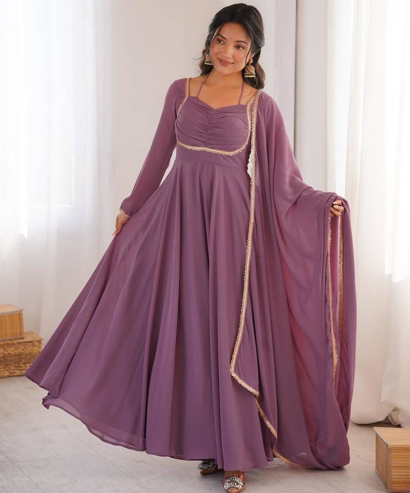 Women's Gorgeous Solid Fox Blooming Georgette Fabric Flared Anarkali and Dupatta Set