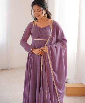 Women's Gorgeous Solid Fox Blooming Georgette Fabric Flared Anarkali and Dupatta Set 2