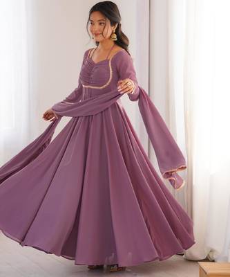 Women's Gorgeous Solid Fox Blooming Georgette Fabric Flared Anarkali and Dupatta Set 3