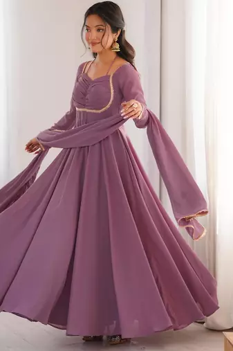 Women's Gorgeous Solid Fox Blooming Georgette Fabric Flared Anarkali and Dupatta Set