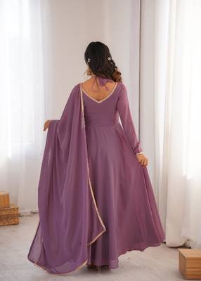 Women's Gorgeous Solid Fox Blooming Georgette Fabric Flared Anarkali and Dupatta Set 4