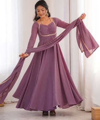 Women's Gorgeous Solid Fox Blooming Georgette Fabric Flared Anarkali and Dupatta Set 5