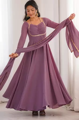 Women's Gorgeous Solid Fox Blooming Georgette Fabric Flared Anarkali and Dupatta Set