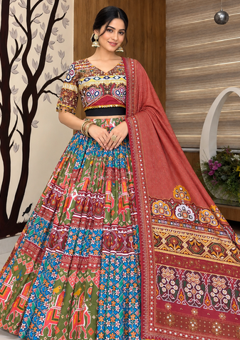 Muslin Cotton Lehenga Choli Set With Mirror Work And Latkan Lace