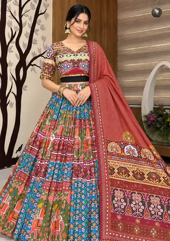 Muslin Cotton Lehenga Choli Set With Mirror Work And Latkan Lace