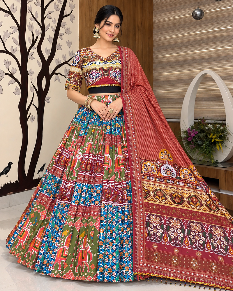 Muslin Cotton Lehenga Choli Set With Mirror Work And Latkan Lace