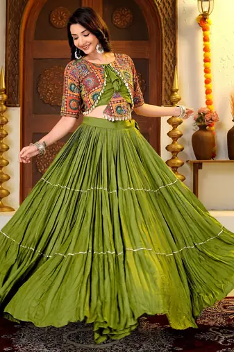 Green Cotton Readymade Lehenga Choli with Thread & Sequin Work