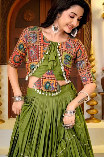Green Cotton Readymade Lehenga Choli with Thread & Sequin Work