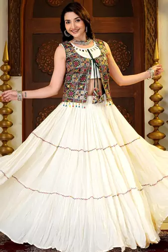 Off White Cotton Readymade Lehenga Choli with Mirror & Embroidery Work