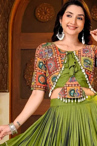 Green Cotton Readymade Lehenga Choli with Thread & Sequin Work