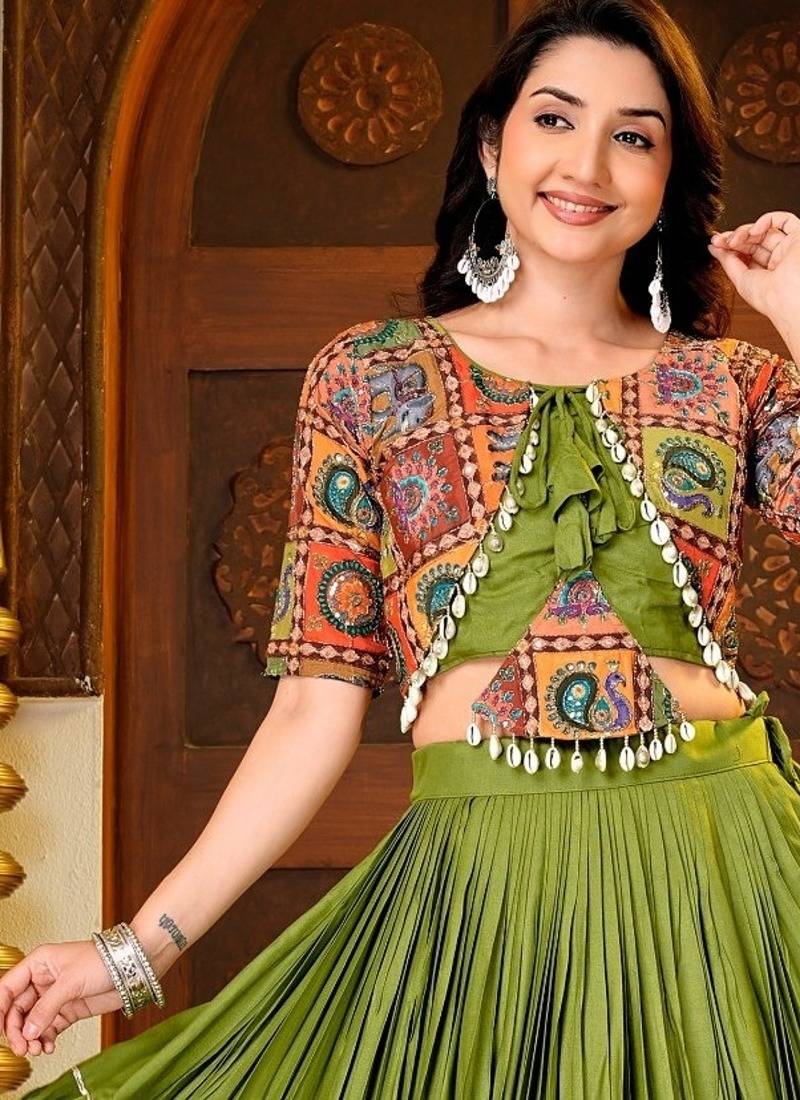 Green Cotton Readymade Lehenga Choli with Thread & Sequin Work