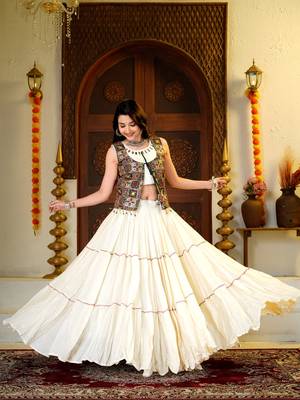 Off White Cotton Readymade Lehenga Choli with Mirror & Embroidery Work 2