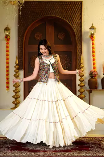 Off White Cotton Readymade Lehenga Choli with Mirror & Embroidery Work