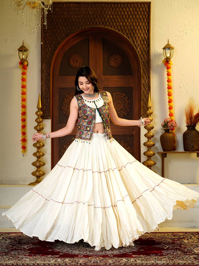 Off White Cotton Readymade Lehenga Choli with Mirror & Embroidery Work